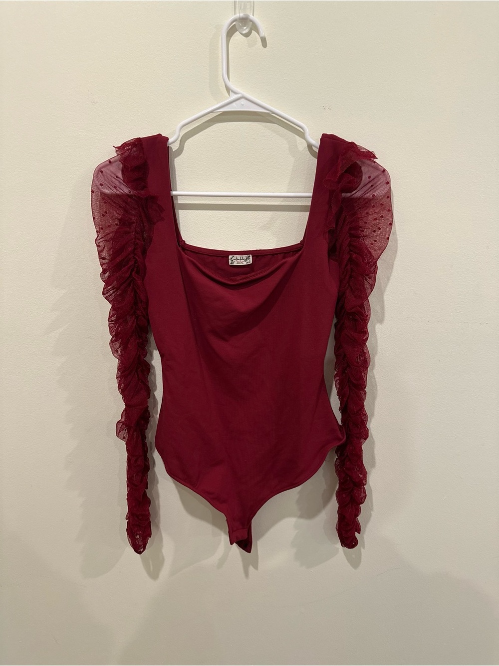 Free People Burgundy Ruffled Mesh Sleeve Bodysuit
